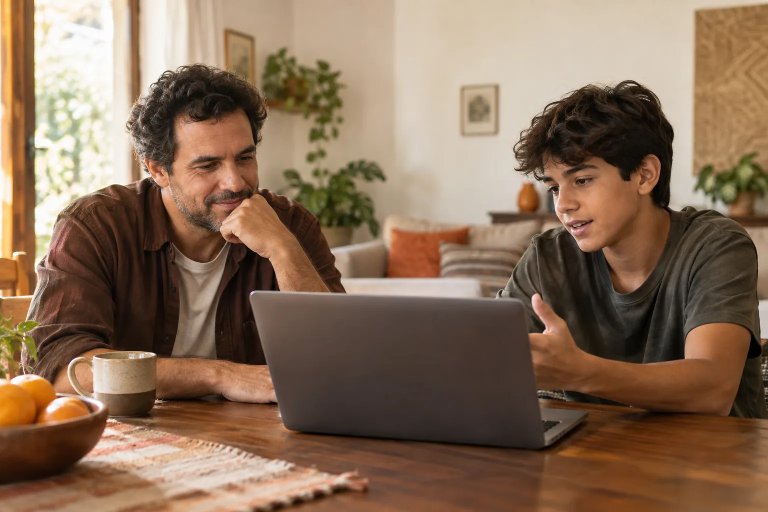 Imagem ilustrativa de pai e filho adolescente conversando ao usar um computador.